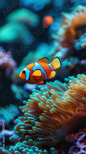 Dive into the depths of a coral reef, where vibrant fish dart amongst swaying sea anemones