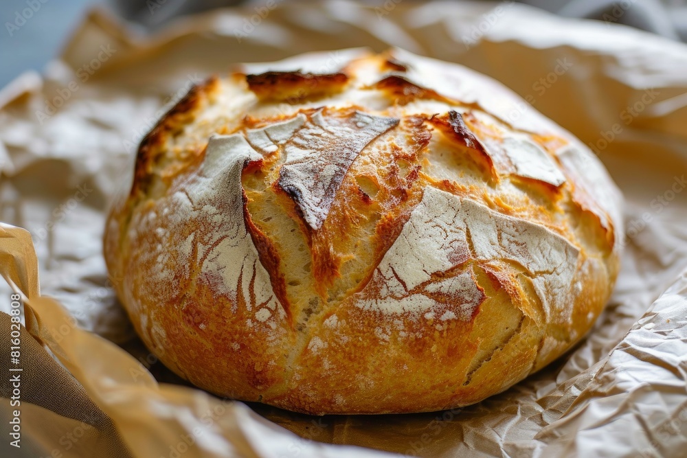Freshly baked sourdough bread with a crusty exterior, placed on a linen cloth Freshly baked sourdough bread with a crusty exterior, placed on a linen cloth