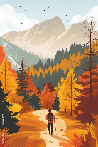 A man is walking down a path in a forest with a backpack