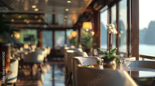 selective focus luxury living room on cruise ship travelling , cozy with comfort atmosphere, Generative Ai 