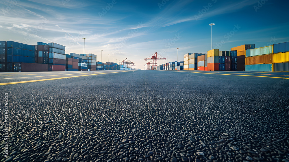 © Generative AI - Empty asphalt road and container port background : Generative AI © Generative AI - Empty asphalt road and container port background : Generative AI