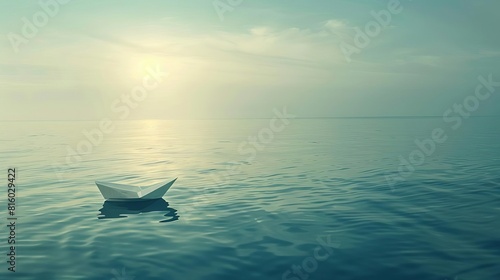 tiny paper boat adrift on the vast shimmering expanse of the ocean minimalist conceptual photography
