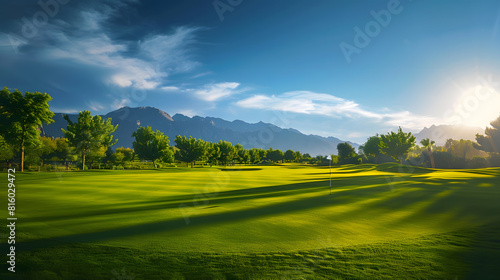 Golf course with mountain and blue sky background : Generative AI © Generative AI