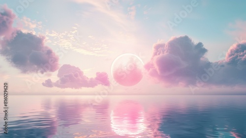 Create a breathtaking 3D illustration of a luminous pink circle suspended in the sky, surrounded by billowing clouds and reflecting its radiance onto calm.Ideal for adding text. 