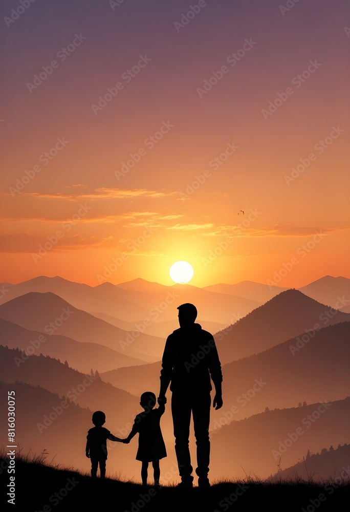 A man and two children stand on a beach, the sun setting behind them.