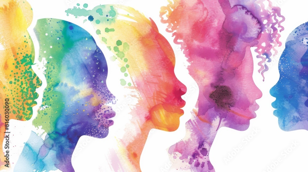 Diversity, equality, inclusion concept. Silhouettes of people of different nationalities painted in bright watercolor. Diversity, equality, inclusion concept. Silhouettes of people of different nationalities painted in bright watercolor.