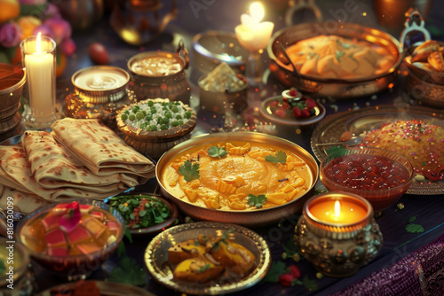 Table is filled with a delicious spread of Indian dishes including basundi, puran poli, and jalebis for the holiday of Gudi Padwa. Indian holiday new year. Food aesthetics 