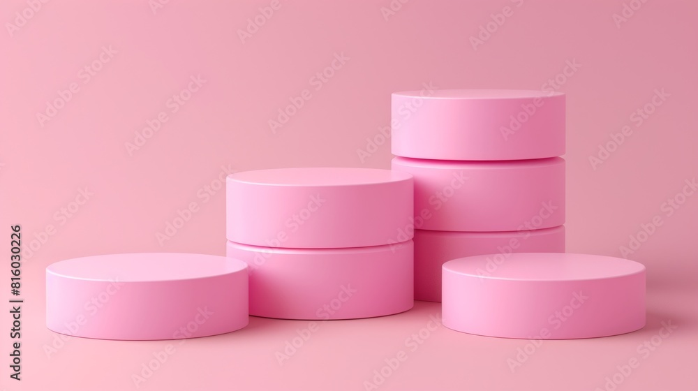 A group of pink cylindrical containers arranged on a pink background. The containers are of different heights and are stacked in a visually appealing manner A group of pink cylindrical containers arranged on a pink background. The containers are of different heights and are stacked in a visually appealing manner