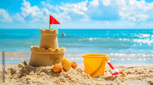 A simple, small sand castle is shown in the foreground with a blue sea background. The sand castle has a flag toy and bucket placed near it on the sunny beach day