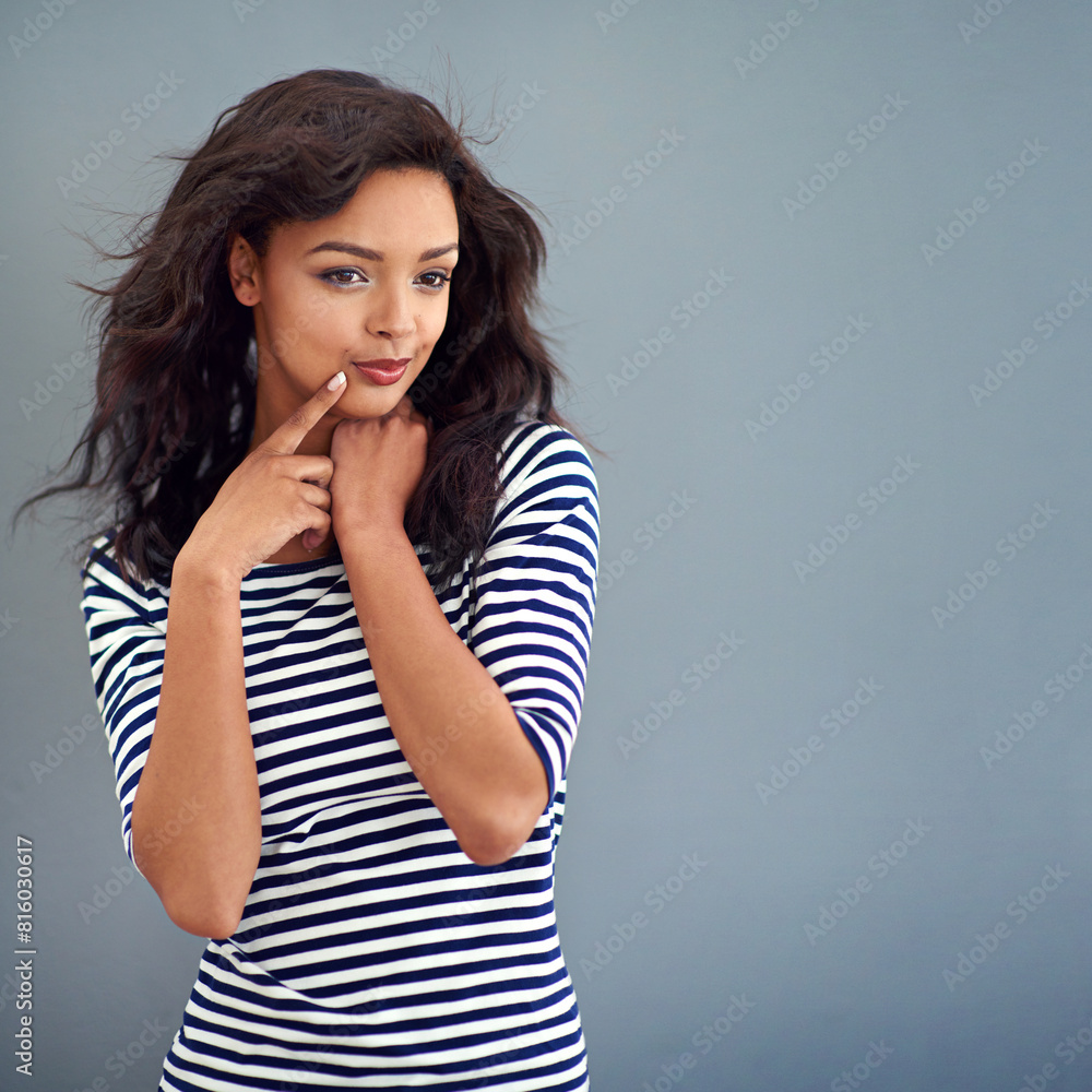 Happy, thinking and black woman with choice, decision and planning on grey studio background. African person, girl and model with pout, fashion and stylish clothes with confidence, question or doubt Happy, thinking and black woman with choice, decision and planning on grey studio background. African person, girl and model with pout, fashion and stylish clothes with confidence, question or doubt