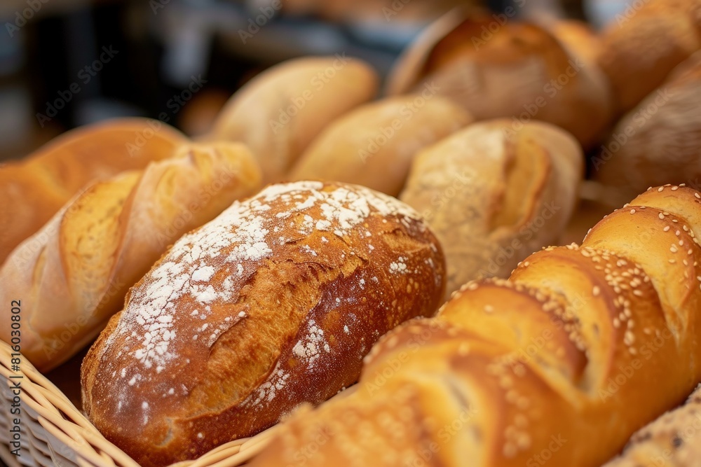Close-up of a variety of fresh bread in a wicker basket with selective focus Close-up of a variety of fresh bread in a wicker basket with selective focus