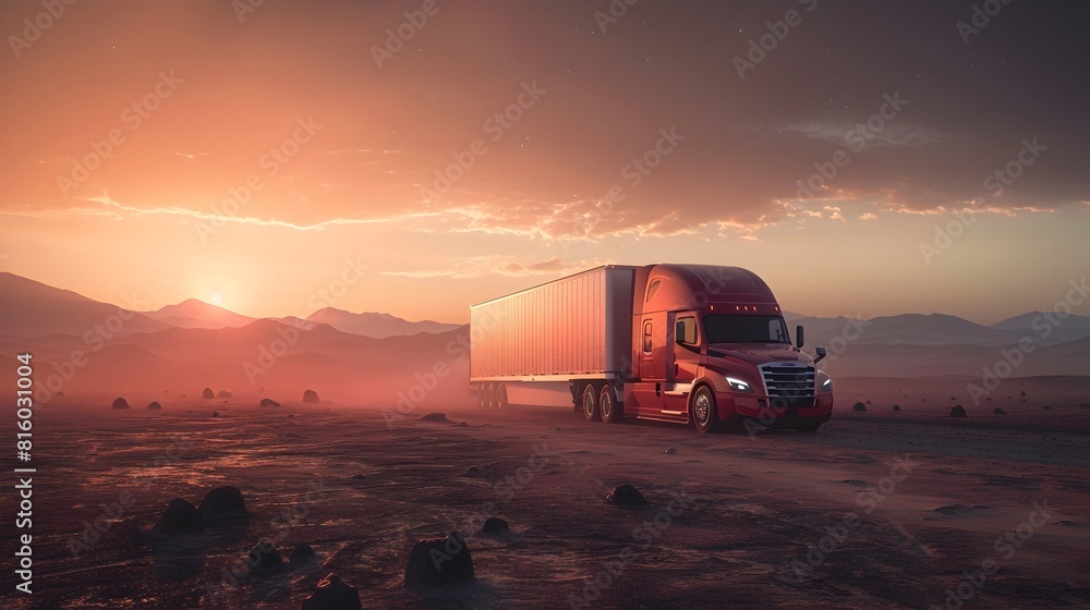 Conceptual Semi Truck Designed for Planetary Parked in Simulated Martian Landscape Conceptual Semi Truck Designed for Planetary Parked in Simulated Martian Landscape
