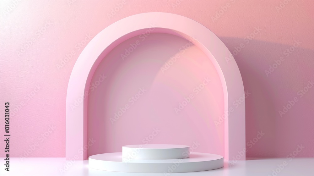 A minimalist pink and white arch with a circular podium in front, set against a pink background. The scene is well-lit and has a soft, pastel aesthetic A minimalist pink and white arch with a circular podium in front, set against a pink background. The scene is well-lit and has a soft, pastel aesthetic