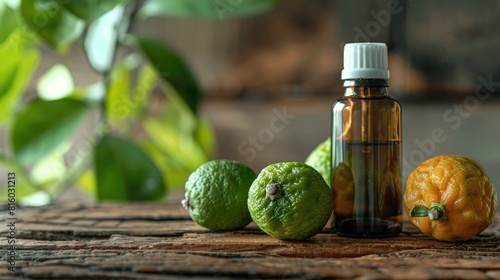 Essential Oil Bottle and Fresh Bergamot Fruits on Wood Table Room for Message photo