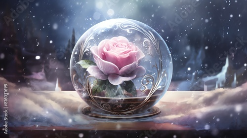 Rose in a snow globe, shaken with swirling snowflakes around it, cozy vintage setting, digital painting photo