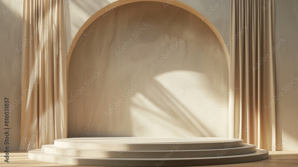 Fototapeta premium A minimalist stage with a round arch and curtains, bathed in soft natural light