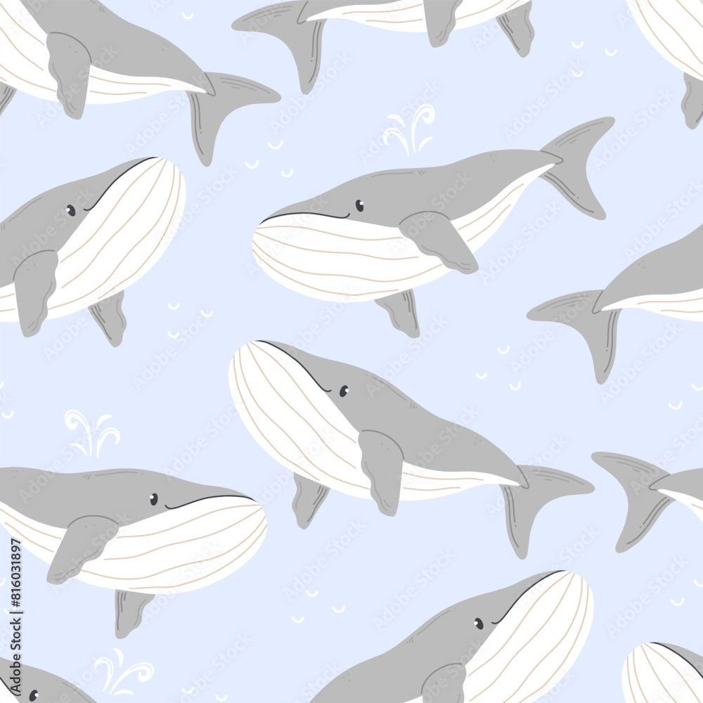 Seamless pattern with cute cartoon whales on a blue background. Vector illustration background Seamless pattern with cute cartoon whales on a blue background. Vector illustration background