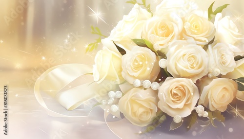 Wedding bouquet of white roses with sparkling tiny LED lights  softfocus background  romantic digital illustration