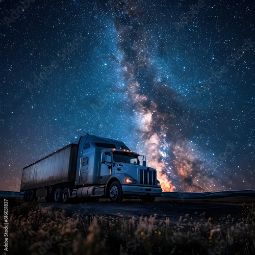 Powerful Semi Truck Parked Beneath the Awe Inspiring Milky Way Galaxy in a Remote Countryside Landscape © Thares2020