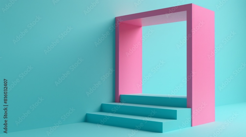 A minimalist 3D rendering of a pink doorway with steps leading up to it, set against a teal background