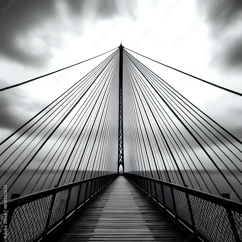Obraz premium Vertical grayscale shot of a suspension bridge under the cloudy sky -- generated by ai
