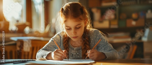Creative Drawing, Young girl focused on drawing at school, Learning and creativity photo