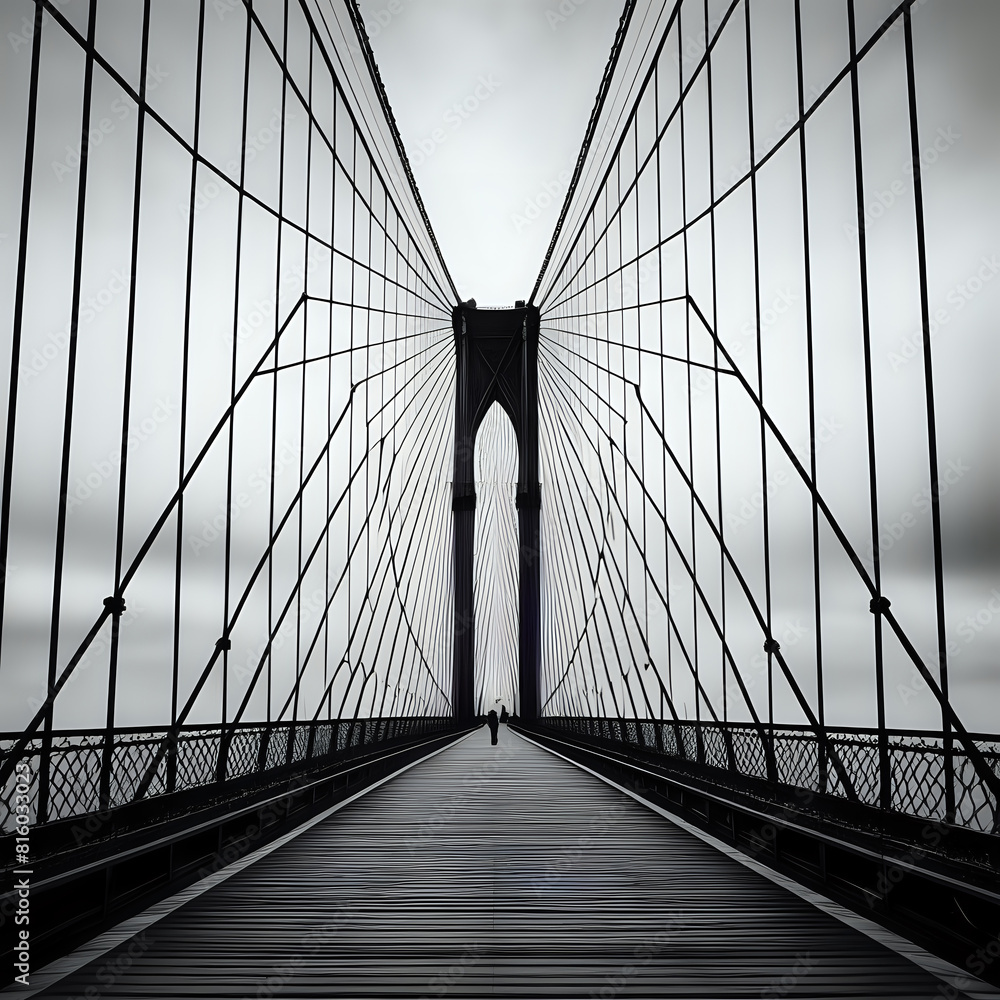 Fototapeta premium Vertical grayscale shot of a suspension bridge under the cloudy sky -- generated by ai