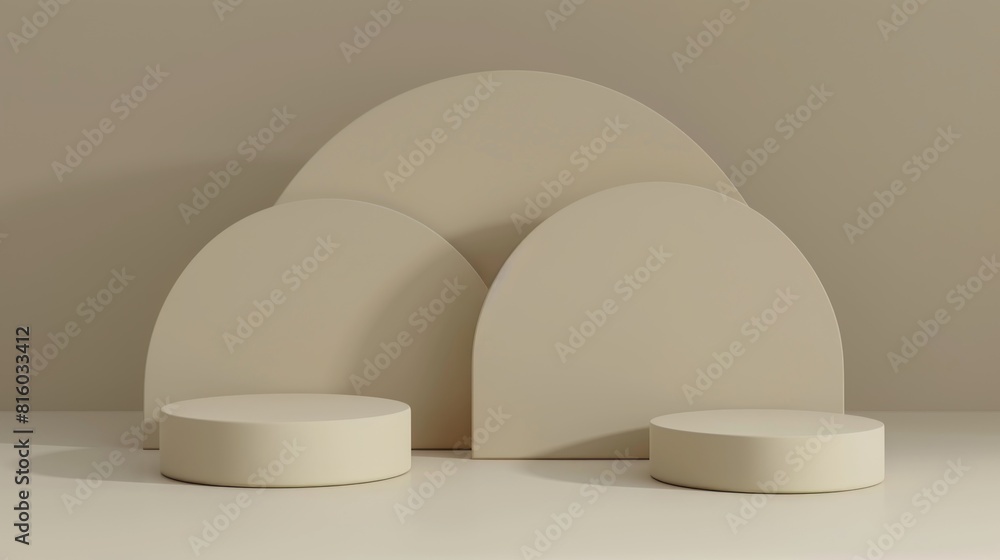 Minimalist beige geometric shapes arranged in a semi-circle on a neutral background Minimalist beige geometric shapes arranged in a semi-circle on a neutral background