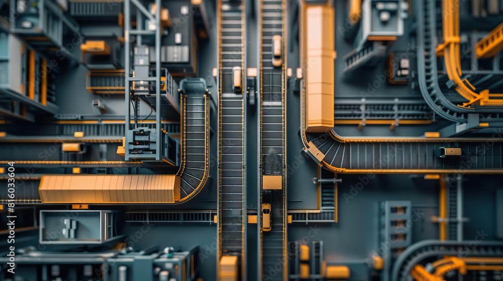 Conveyor belt transporting automotive parts across the factory from top view Seamless movement of parts, showcasing logistics in advanced tone with an Analogous Color Scheme Conveyor belt transporting automotive parts across the factory from top view Seamless movement of parts, showcasing logistics in advanced tone with an Analogous Color Scheme