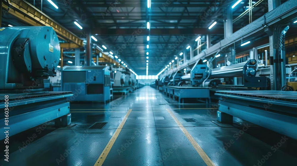 Fototapeta premium Empty factory floor with idle machinery during a shutdown from front view Silent blue steel machines waiting for operation