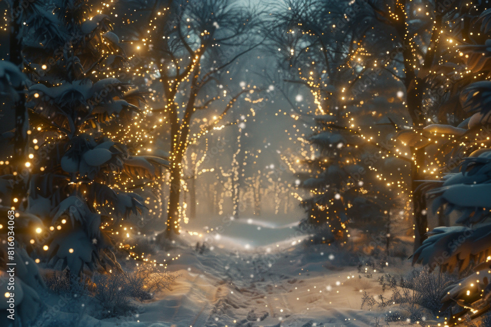 A magical winter forest transformed into a wonderland of enchantment, with snow-covered trees adorned with twinkling fairy lights, casting a warm and inviting glow amidst the frosty landscape. A magical winter forest transformed into a wonderland of enchantment, with snow-covered trees adorned with twinkling fairy lights, casting a warm and inviting glow amidst the frosty landscape.