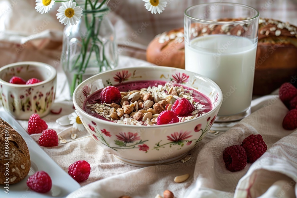 Homemade bread, smoothie bowl with granola and berries for healthy breakfast, flowers, milk glass, elevated luxurious morning routine, closeup photo, top view. AI generated image Homemade bread, smoothie bowl with granola and berries for healthy breakfast, flowers, milk glass, elevated luxurious morning routine, closeup photo, top view. AI generated image