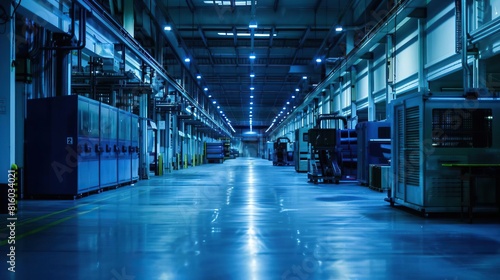 Empty factory floor with idle machinery during a shutdown from front view Silent blue steel machines waiting for operation