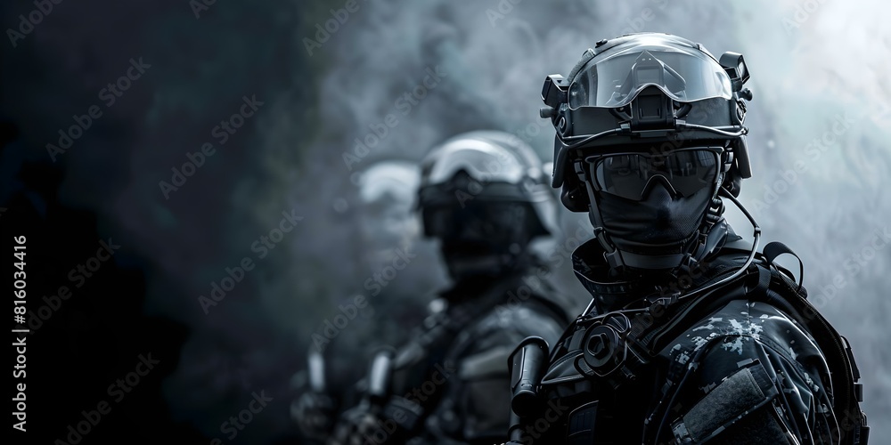 Soldiers in Full Gear Facing Camera in Dark Setting. Concept Military, Soldiers, Gear, Dark Setting, Full Body Soldiers in Full Gear Facing Camera in Dark Setting. Concept Military, Soldiers, Gear, Dark Setting, Full Body