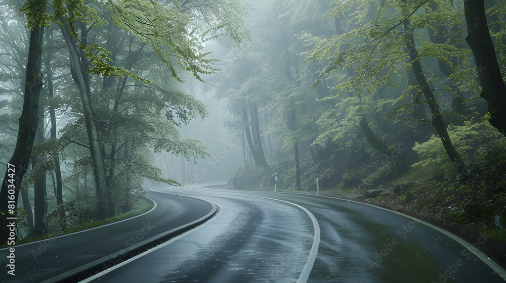 Road in foggy forest in rainy day in spring Beautiful mountain curved ...