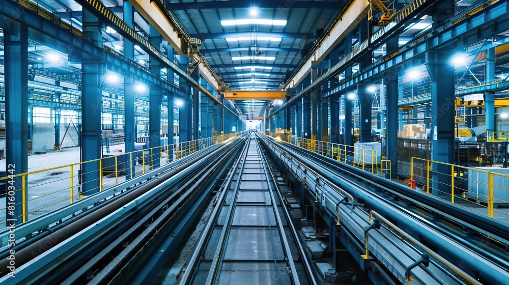 Inside a modern industrial factory with bluetoned steel machinery and advanced conveyor belts for efficient manufacturing and logistics Inside a modern industrial factory with bluetoned steel machinery and advanced conveyor belts for efficient manufacturing and logistics