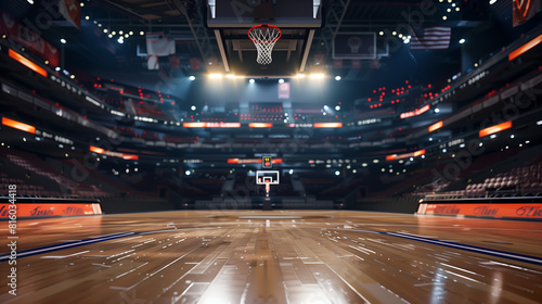 NBA arena shot from a low angle. Lights, empty arena