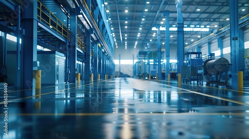 Inside a modern industrial factory with bluetoned steel machinery and advanced conveyor belts for efficient manufacturing and logistics