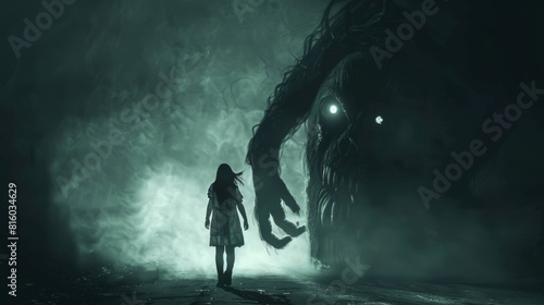 A woman is standing in front of a monster photo