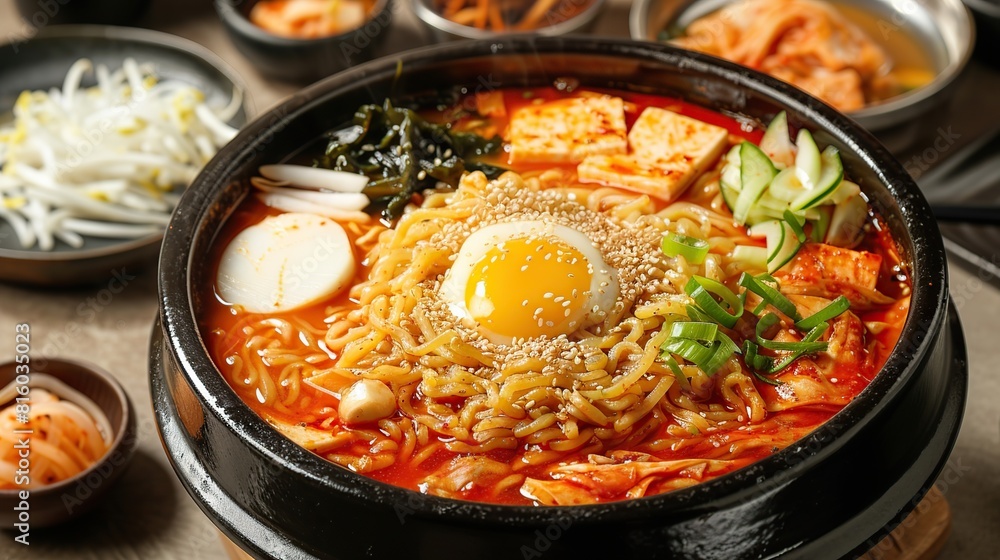 Ramyeon Korean food with boiled egg. Generative Ai