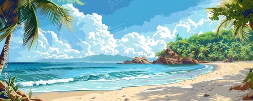 An idyllic beach and ocean landscape on a tropical island with palm trees.  simple illustration © Coosh448