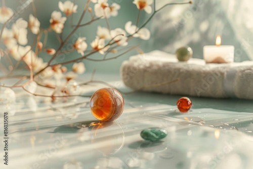 bowl of pure water and green leaves - beauty treatment. Beautiful simple AI generated image in 4K, unique.