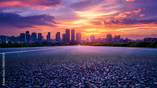 Round asphalt road and city skyline with colorful sky clouds at sunset : Generative AI