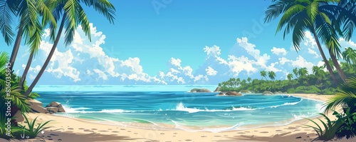 An idyllic beach and ocean landscape on a tropical island with palm trees.  simple illustration