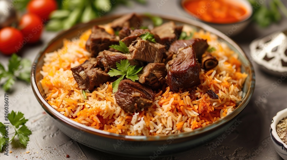 rice and meat dish, middle eastern national traditional food. Generative Ai rice and meat dish, middle eastern national traditional food. Generative Ai
