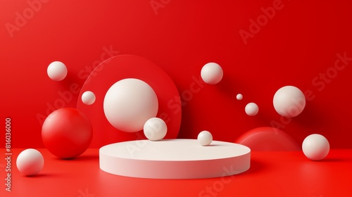 Abstract composition with red and white spheres of various sizes floating around a white circular platform against a red background