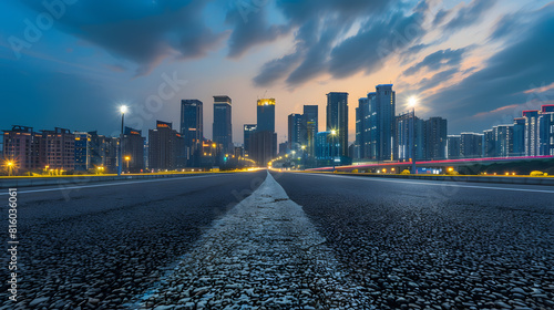 Asphalt road and modern city skyline with buildings in Ningbo Zhejiang Province China East new town of Ningbo It is the economic cultural and commercial center of Ningbo City : Generative AI photo