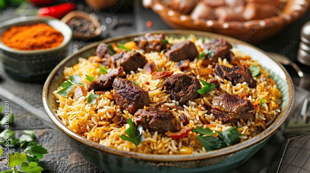 rice and meat dish, middle eastern national traditional food. Generative Ai rice and meat dish, middle eastern national traditional food. Generative Ai