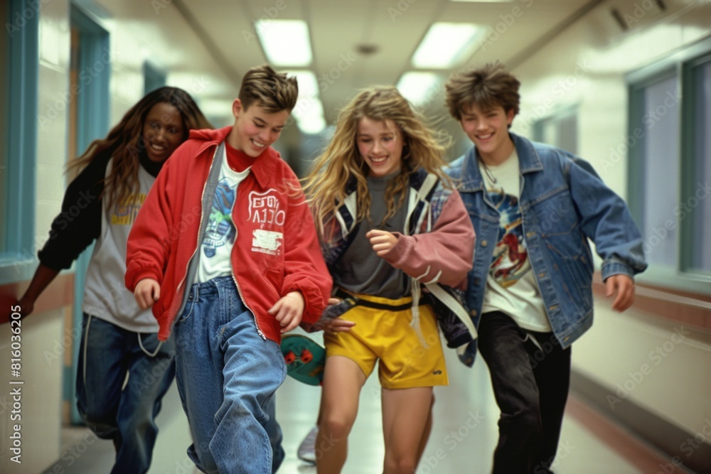 Obraz premium Nostalgic school days: a vibrant glimpse into the 1990s with schoolchildren and teenagers, capturing the essence of youth culture, education, friendships, and iconic fashion