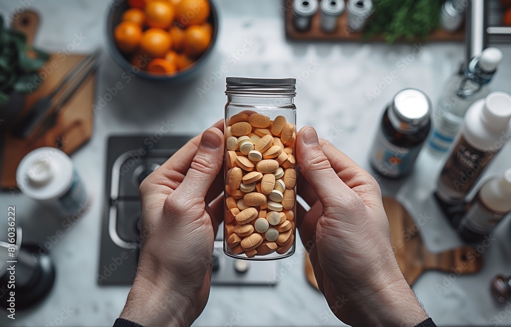 Obraz premium Person sitting at table with pills, water, and kitchen utensils, ready for healthful preparation